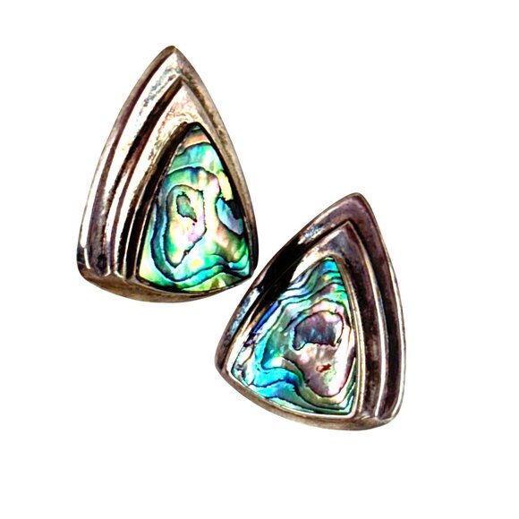925 Sterling Silver Abalone Shell Triangle Stud Earrings Vintage Modernist - Picture 2 of 7